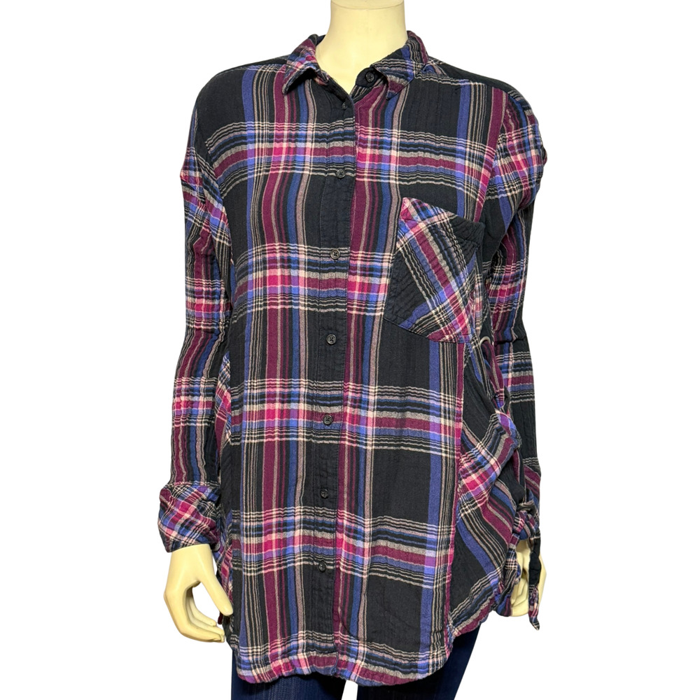 Free People Sz S Oversized Flannel Tunic Shirt Black Purple Plaid Lace‑Up Sides